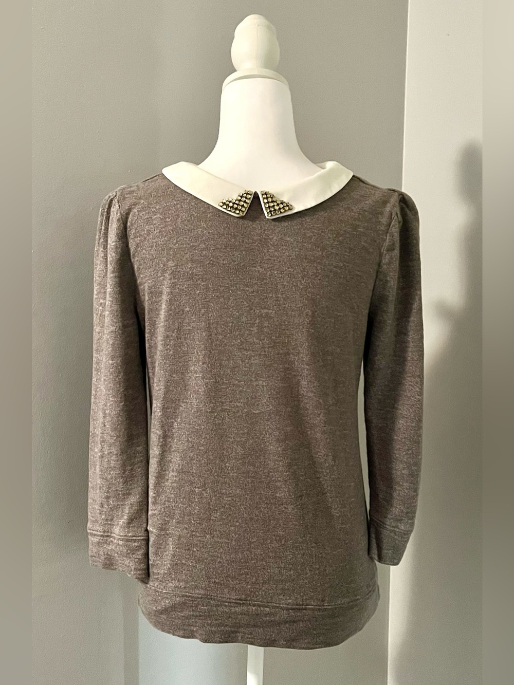 Ann Taylor Loft Peter Pan Collar Rhinestone Detail Sweater- Grey/White
